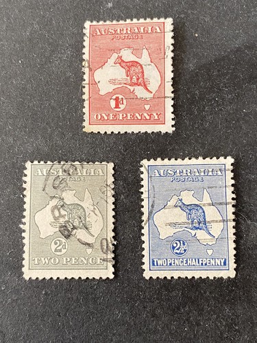 AUSTRALIA, SCOTT # 2-4(3), 1p+2p+21/2p.. VALUES 1913 KANGARRO/MAP ISSUE USED