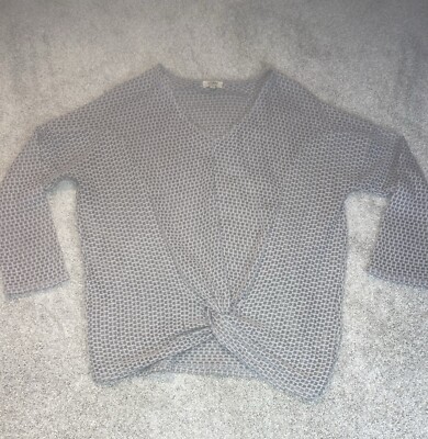 Umgee Gray White Waffle V Neck Sweater Twist Bottom Oversized Womens Sz L
