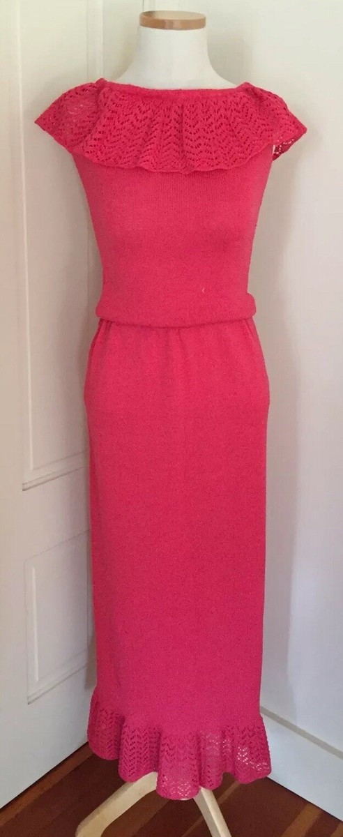Vintage MADY GERRARD Coral Pink Knit Maxi Dress Crotched Ruffles sz XS/S ?  | eBay