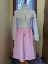 Vintage 60's Mod Pink Polyester White Knit Ring Zip Up Front Dress Size Small