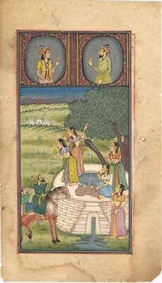 アンティークIndian miniatureインド ミニチュア絵画 女性 Indian Vintage Miniature Painting Of Women Are Giving Water To The