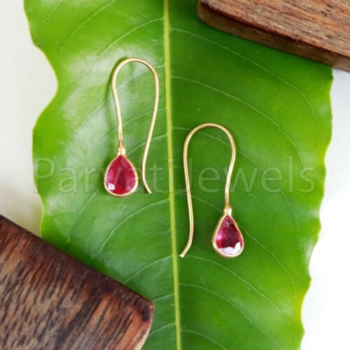 Natural Pink Ruby Pear Solid 18K Gold Anniversary Gift For Mom Dangle Earrings - Picture 3 of 7