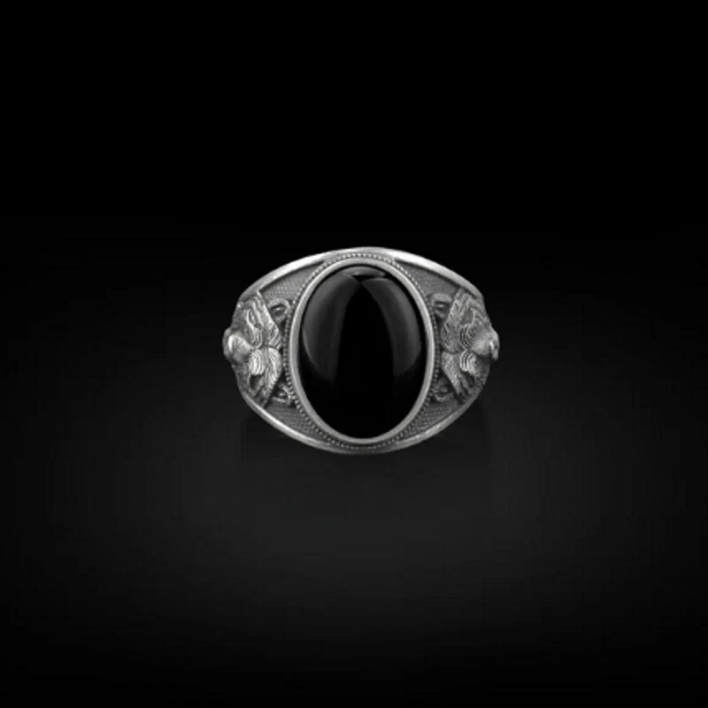 Onice Nera Gemma Artigianale 925 Argento Sterling Grizzly Orso Testa Uomo Anello - Immagine 2 di 4