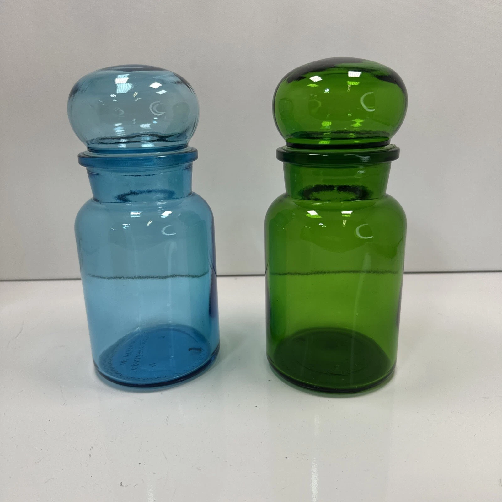 Vintage Set of 2 Glass Bubble Lid Apothecary Jars Belgium CANISTERS Blue & Green