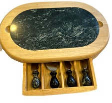 Sabatier? Wood And Green Marble Cheese Board And Four Serving Utensils. EUC