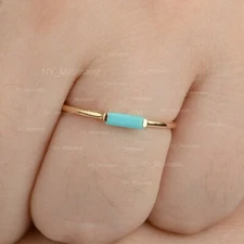 Natural Baguette Arizona Turquoise Gemstone Solid 14K Yellow Gold Stacking Ring