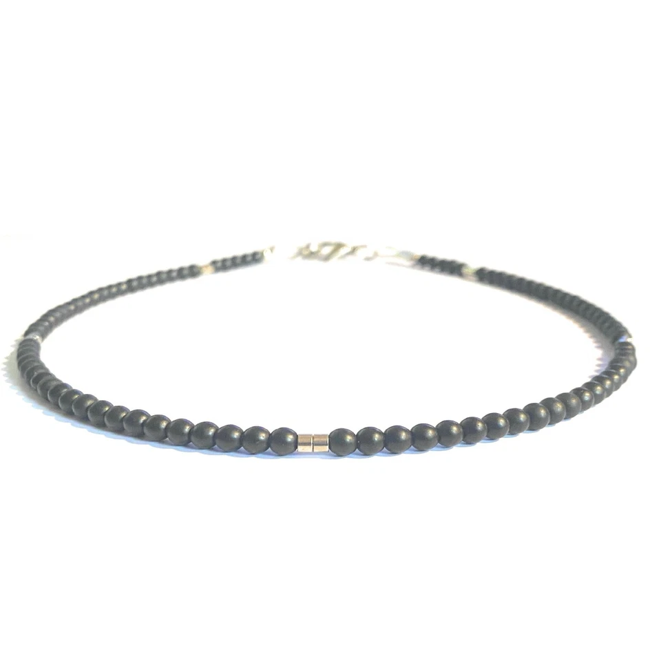 Collana pietre dure onice nero da uomo in acciaio inox lunga 45 cm con perle di - Immagine 2 di 4