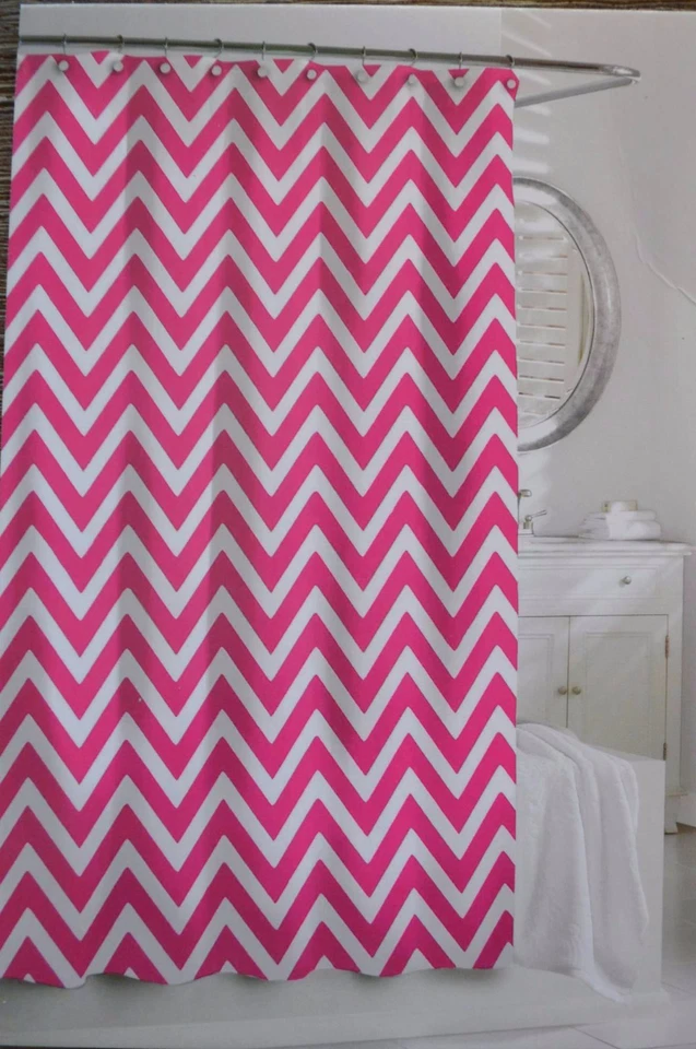 Cortina de ducha Kassatex rosa baya y blanco zig zag chevron rayas algodón Foto 2 de 2