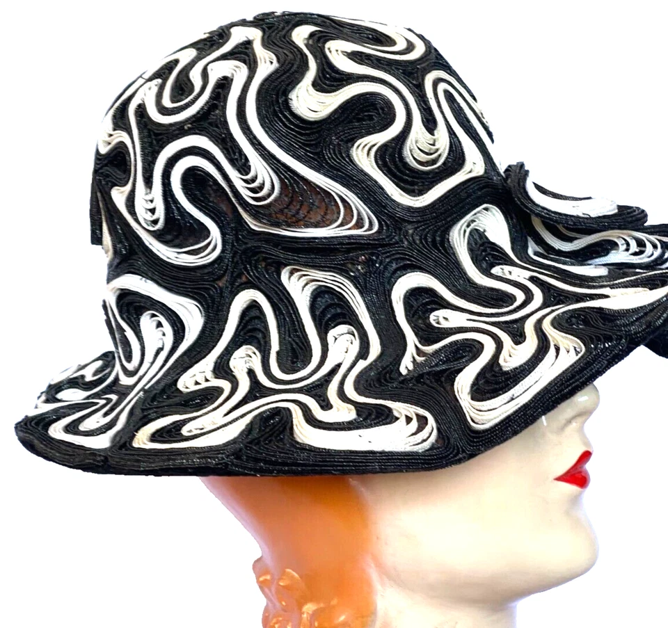 De Colección Años 50 Negro Blanco Tlirtette Creación Trenzado Cin de Caballo Sombrero Ala Ancha Foto 3 de 4