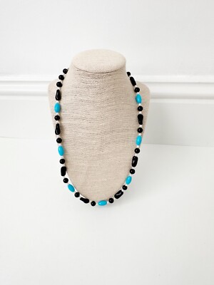 NWT Genuine Pearl, Turquoise & Onyx Necklace Blue Black White Beaded