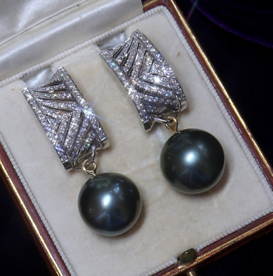 18K Tahitian Pearl Diamond Vintage Earrings Fine Antique GIA 15MM Huge 3.02 CTS