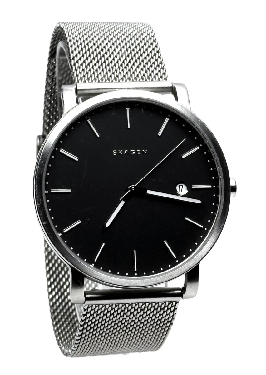 Skagen Hagen Womens 34mm Classic Watch Silver Tone Black Leather New Battery Skagen Women Silver Band Wristwatches for sale | eBay main image 2