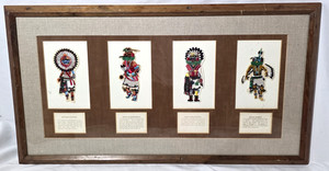 Vintage New Mexico Native American Framed Patch Embroidery Set of (4) Kachina