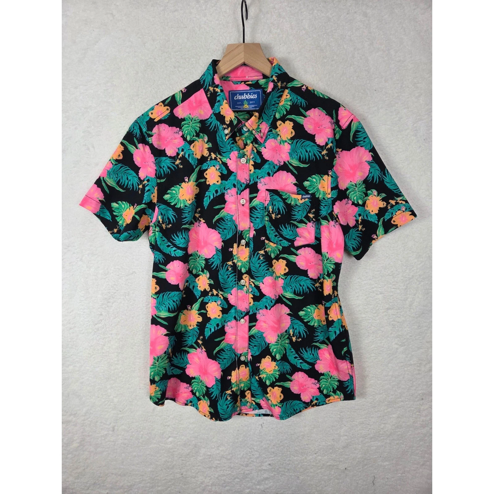 Mens L Hawaiian Aloha Stretch Button Down Camp Shirt Black Resort Beach Vacation