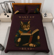 Wake Up And Read Cat Funny Book Lover Vintage Quilt Blanket Or Quilt Bed Set