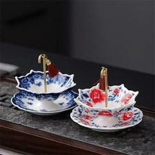 Umbrella Shape Ceramic Tea Strainer Blue White Porcelain Leaf Filter Rotating