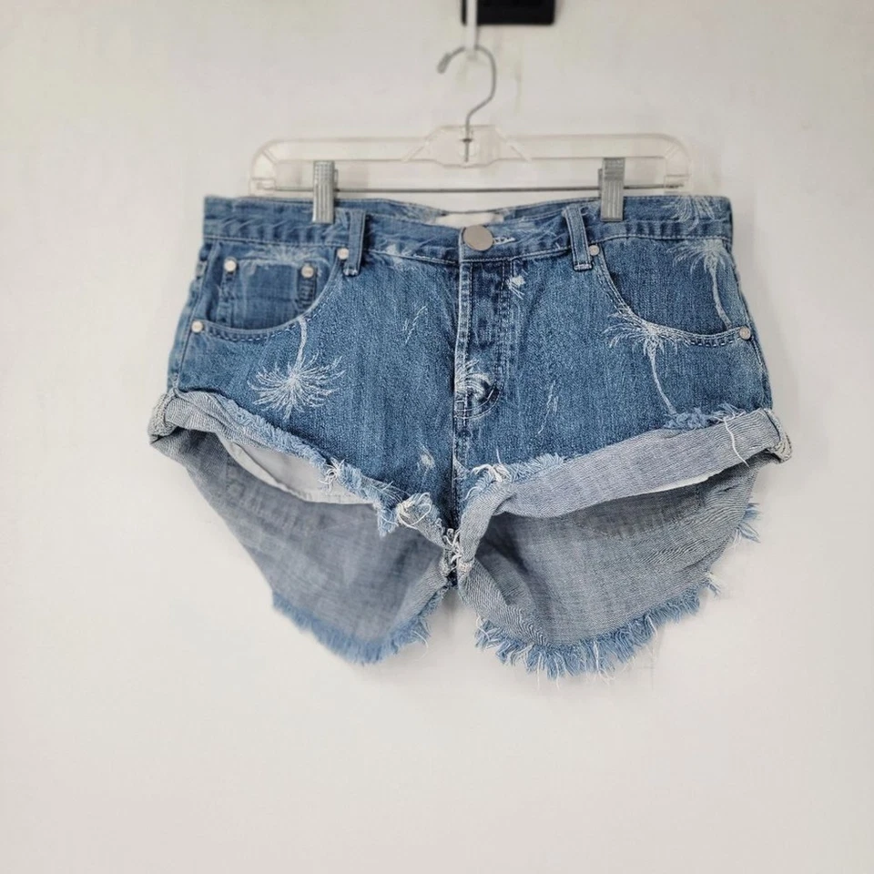 One Teaspoon Bandits Low Waist Denim Shorts Malibu Blue Size 28 Palm Trees Short - Image 2 of 4