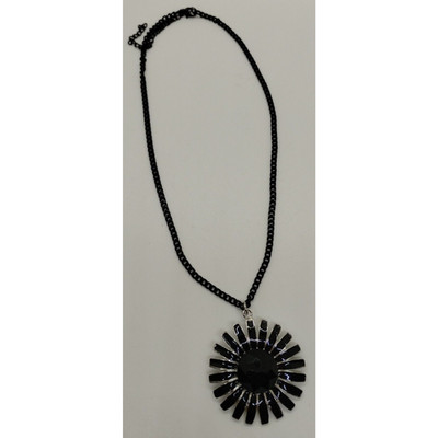 Silver Black Daisy Necklace - Gemstone- Enamel Petals - 11'' Clasped w/ Pendant