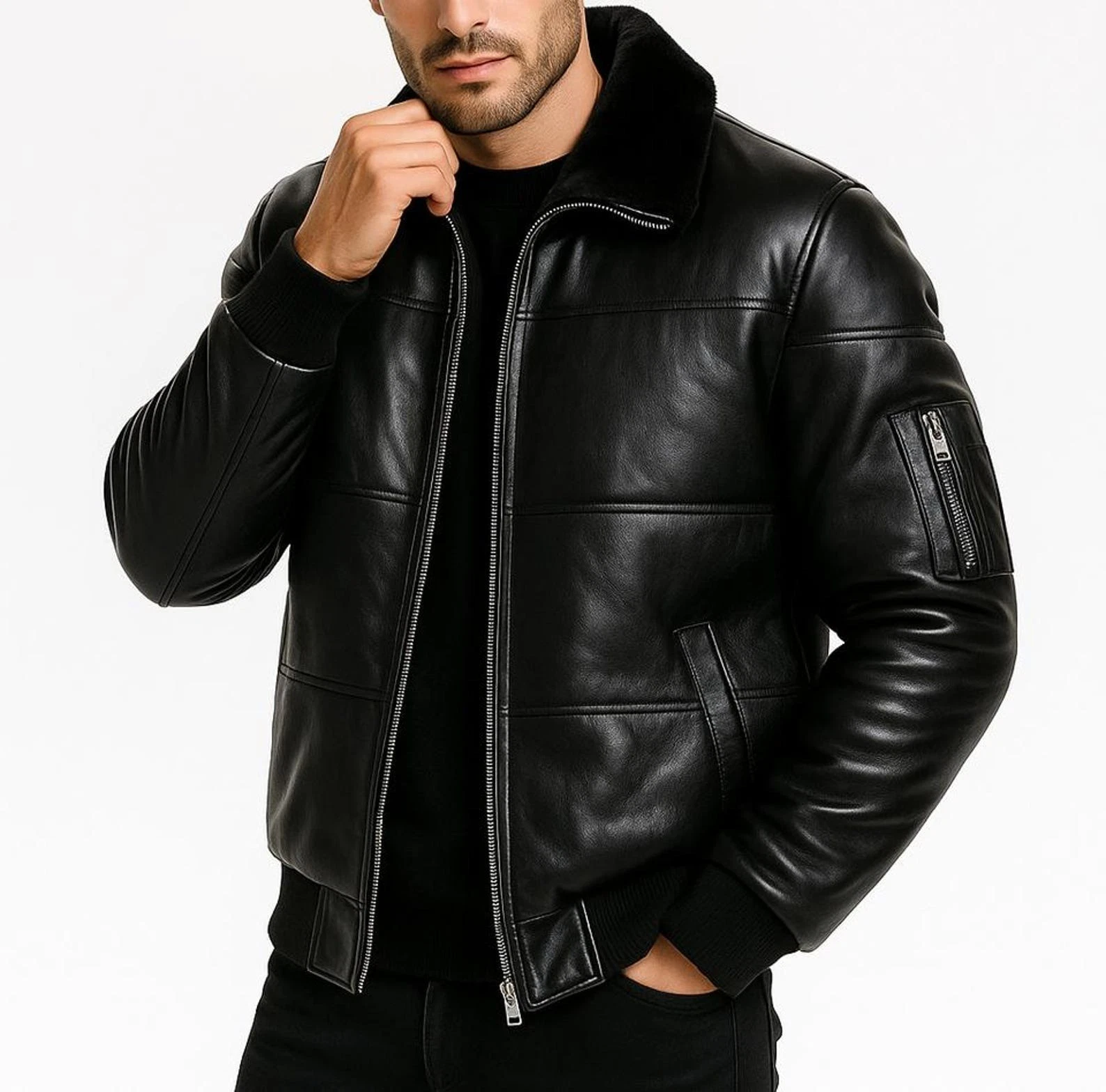 Men's Black Bomber Jacket Real Sheepskin Leather Jacket Fur Collar Winter Coat