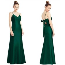 Alfred Sung D780 open back tie Green satin maxi dress Sz 12 wedding formal 