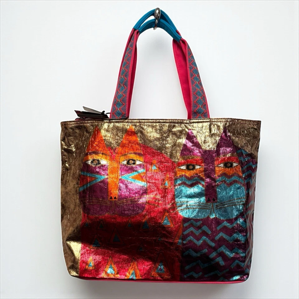 Bolsa tote Laurel Burch grande metálica com zíper gato nova com etiquetas multicolor - Imagem 4 de 4