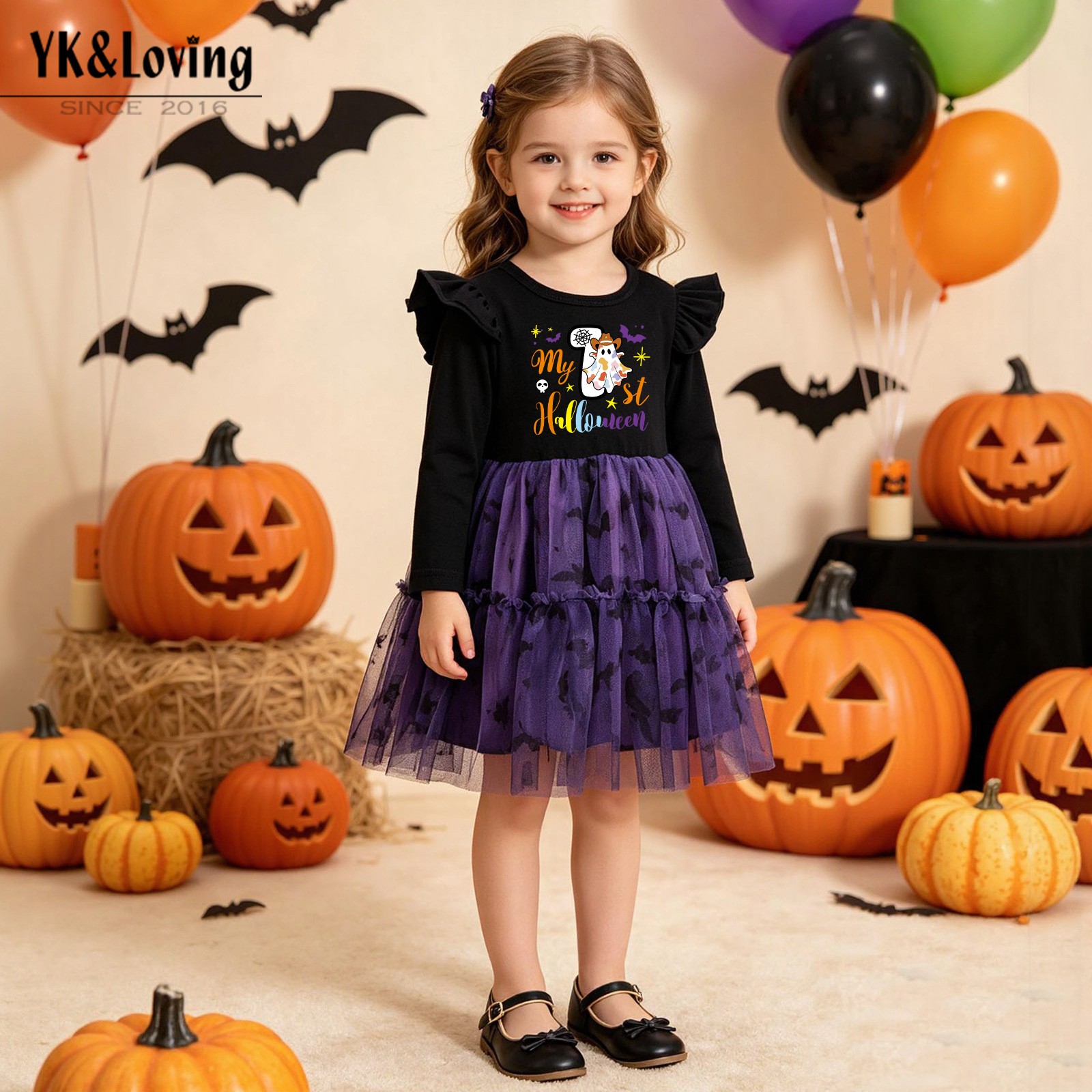 Halloween Girls' Dress with Flutter Sleeves, Black and Purple Tulle, Ghost and B