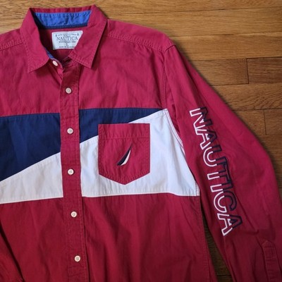 90's Vintage Nautica Sailing Red White And Blue Color Block Button Shirt Size L