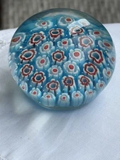 vintage millefiori glass paperweight Floral Murano Blue/Red/White Canes 2 1/2 in