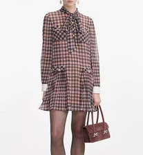 Women Self-Portrait Tie Neck Checked Long Sleeve Mini Dress