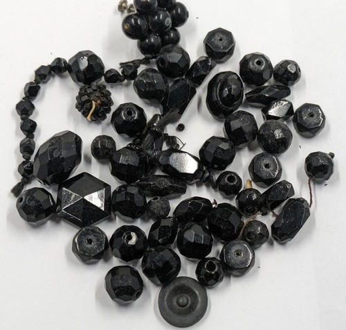 Vintage Antique 1800s Black Glass Mourning Beads + Mix Adornment 54 Grams C30-27