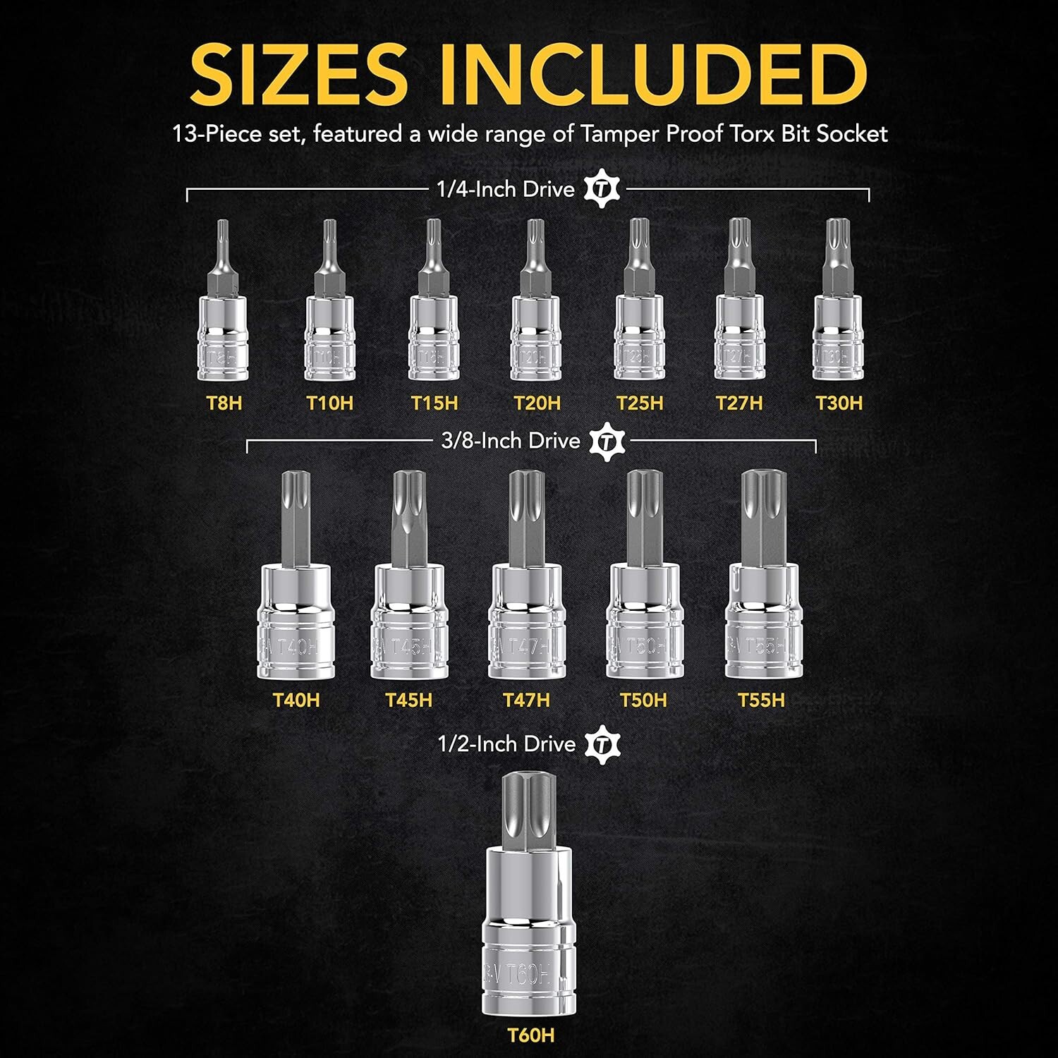 13-Piece Torx Bit Socket Set Solid & Tamper Proof T8-T60 Premium S2 Alloy Steel