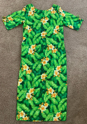 Vintage Ui-Maikai Cotton Hawaiian Aloha Long Green Floral Dress-38'' Chest