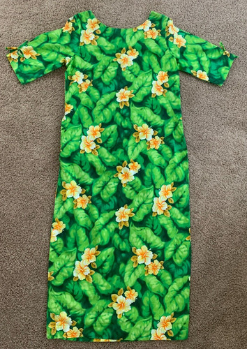Vintage Ui-Maikai Cotton Hawaiian Aloha Long Green Floral Dress-38" Chest