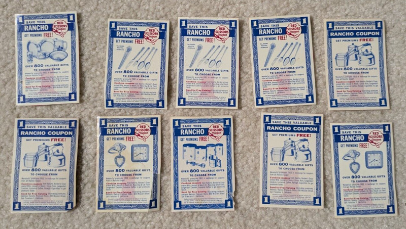 LOT of 10 Vintage RANCHO RED SCISSOR COUPONS Various items on the front ~Borden