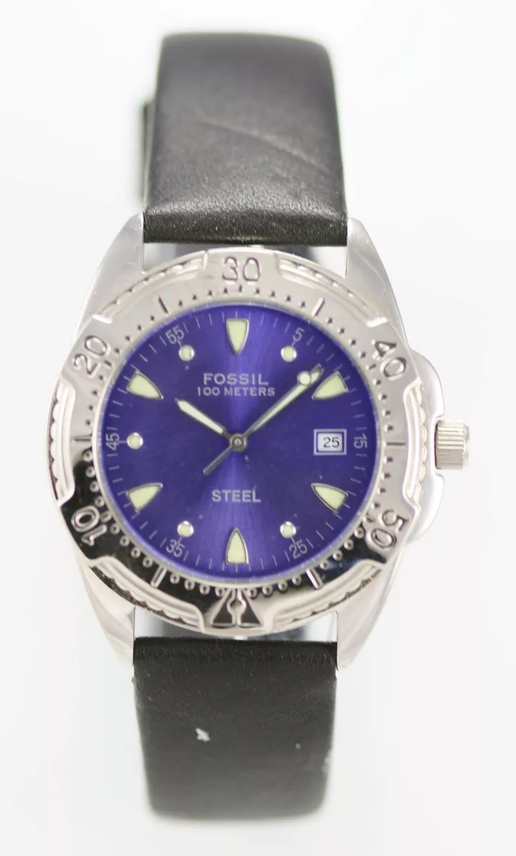 Fossil Watch Mens Date Silver Stainless Steel Black Leather 100m Blue Quartz