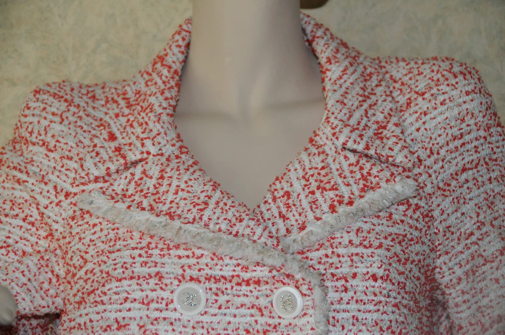 TUTA BLAZER $5590 NUOVA CHANEL RED WHITE FANTASY Tweed ABITO 40 GRANDE CC LOGO
