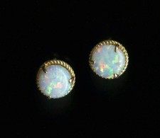 New 14K .95 Gram Solid Yellow Gold 6mm White Fire Lab-Created Opal Earrings la
