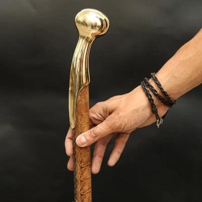 Hand-Carved Wooden Walking Cane, Polished Brass Handle, Nautical Floral Design
