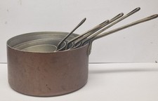 5 Vintage Copper Sauté Pans. Lined. Brass Handles. Largest 18cm Diameter