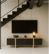 TV Stand Storage Cabinet Entertainment Unit Modern Oak Black Handleless Kiznie