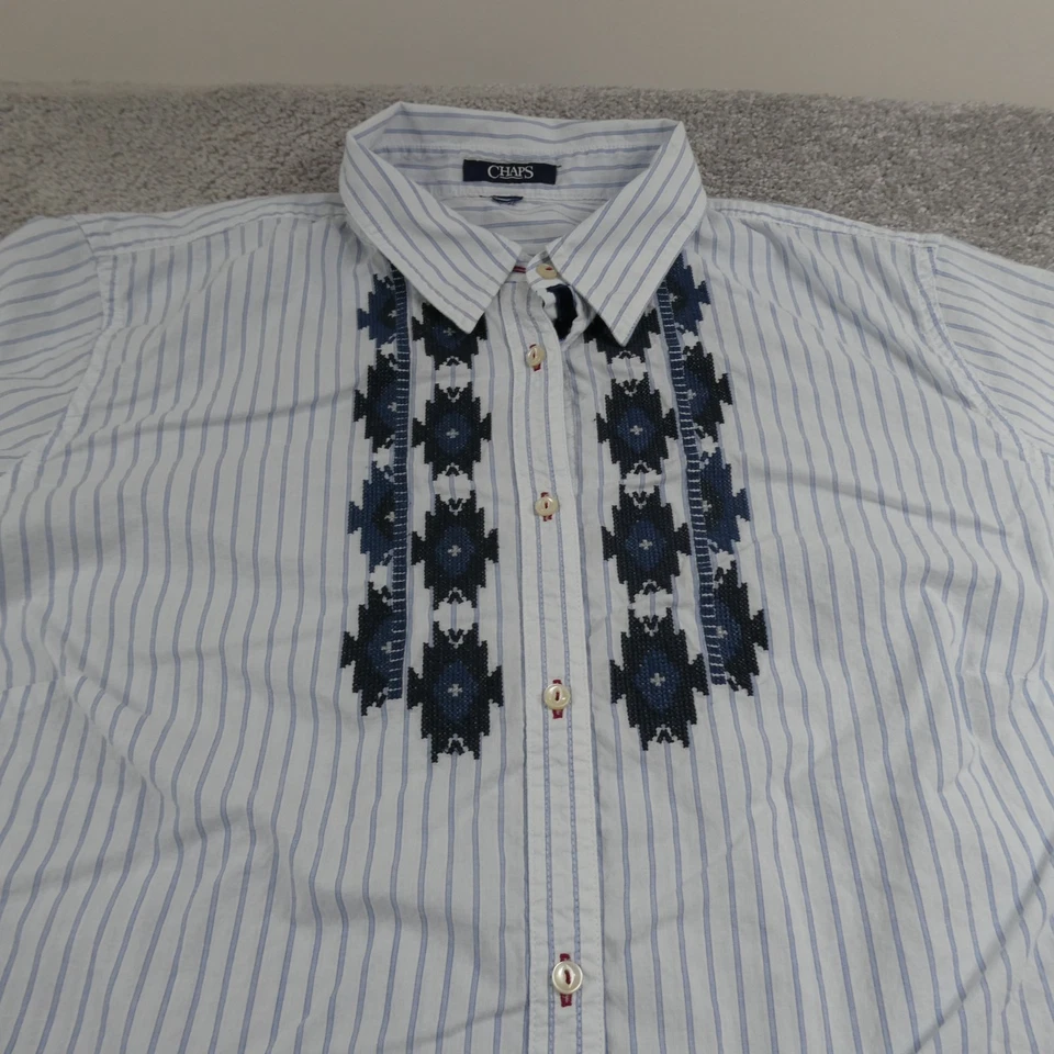 Blusa Chaps Mujer 2X Blanco Azul Rayas Bordada Azteca Suroeste Camisa Foto 3 de 4