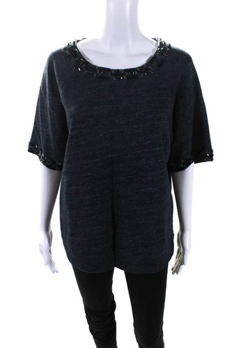 J Crew Womens Cotton Beaded Round Neck Short Sleeve Sweatshirt Top Navy Size XL