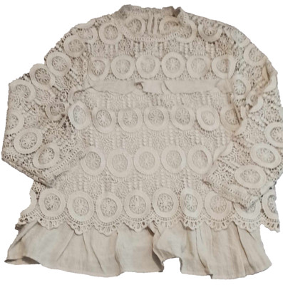 Crochet Top Shirt Womens Medium Biege solid with Lace Long Sleeve Pullover