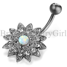 14G CZ Flower Belly Button Rings Opal Gem Navel Rings For Women Body Piercing