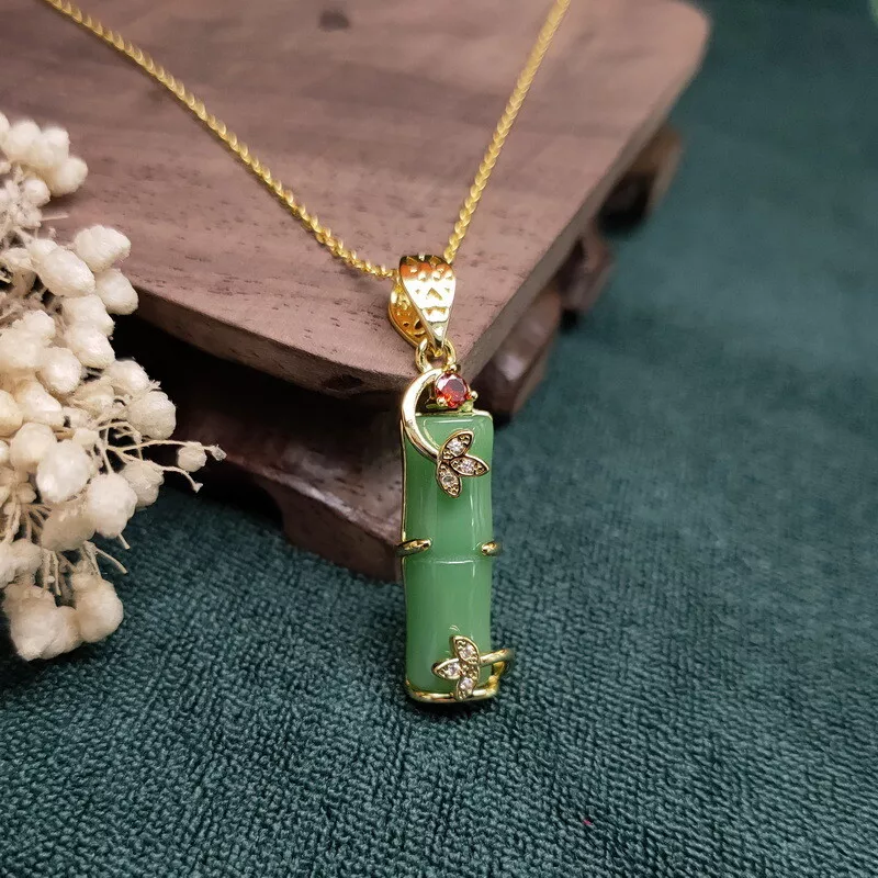 Jade Bamboo Pendant Necklace Jewelry Natural Charms 925 Silver