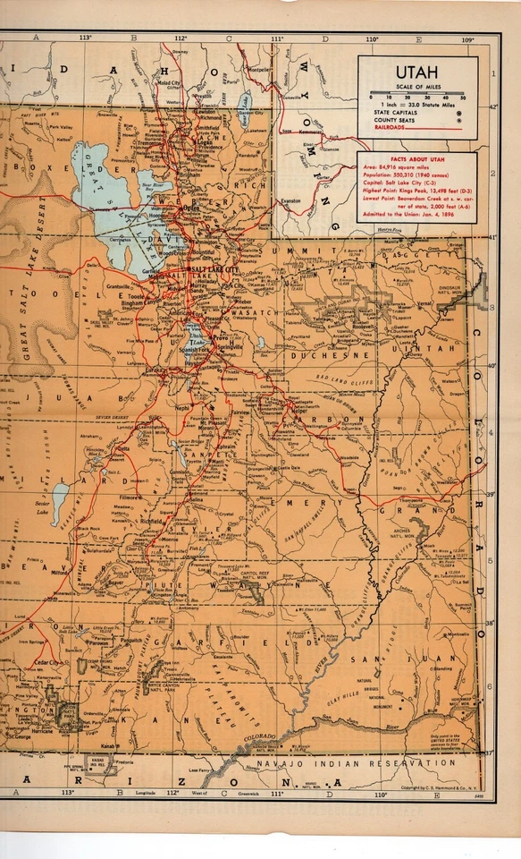 MAPA DEL CONDADO DE UTAH - Con ferrocarriles y detalle topográfico impresión vintage 1948 Foto 3 de 3