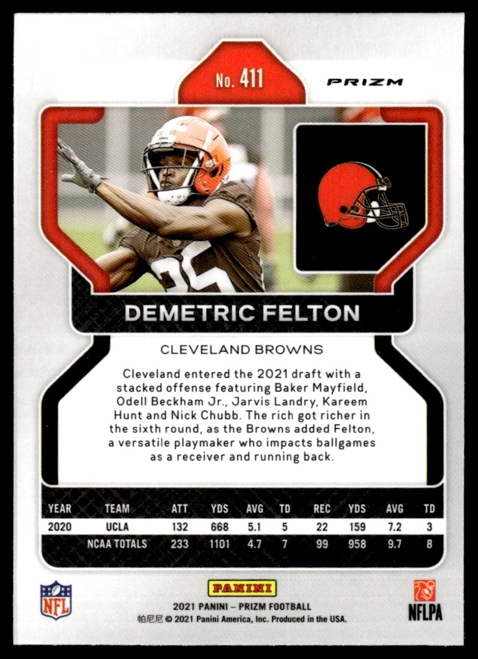 2021 Panini Prizm ORANGE LAZER Demetric Felton Rookie Cleveland Browns #411 - Image 2 of 2