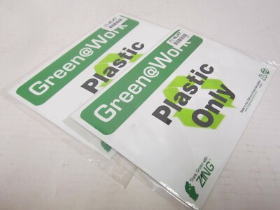 (2) ZING 1031 Recycling Signs 7'' x 10'' Green@Work Plastic Only Text & Symbol NEW