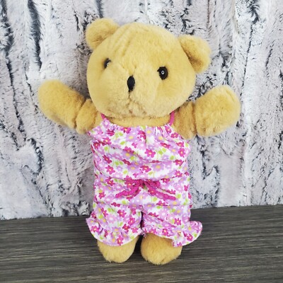 10'' Tan Teddy Bear Dressed In Removable Pink Spring Floral Romper Flowers