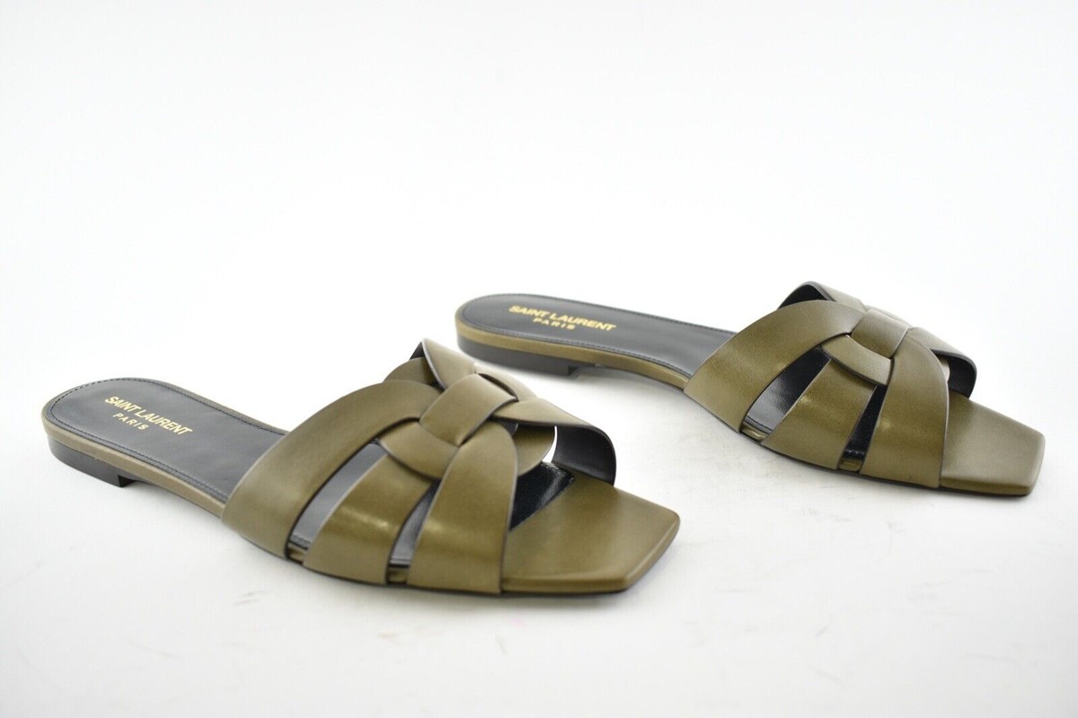 サンダル・ミュール Saint Laurent Saint Laurent Tribute 05 Sandals Saint Laurent YSL Tribute Nu Pieds 05 Green Tundra Leather